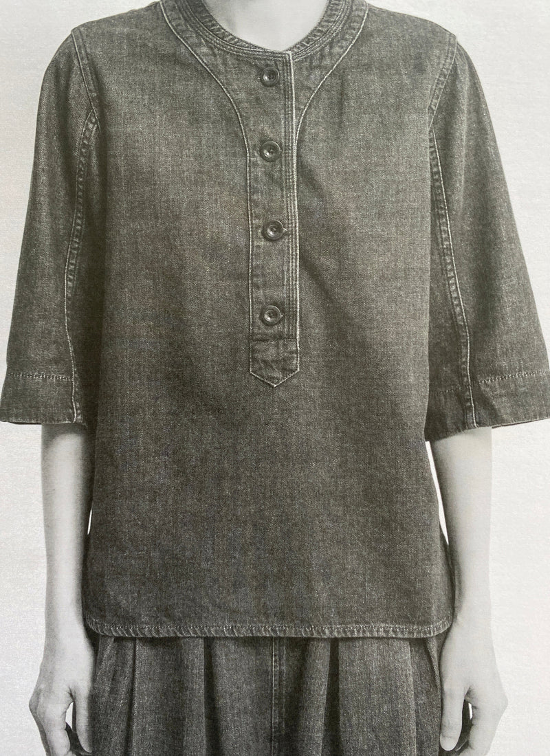 Cotton Denim Placket Detail Top | Indigo