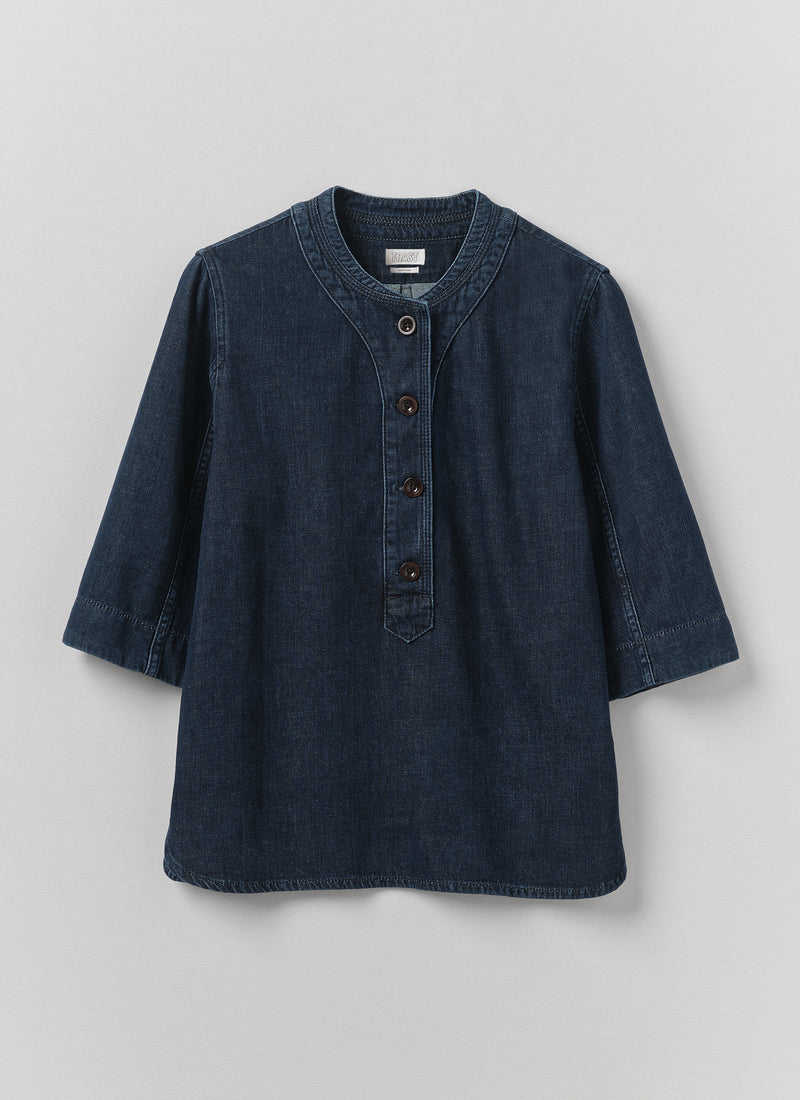 Cotton Denim Placket Detail Top | Indigo