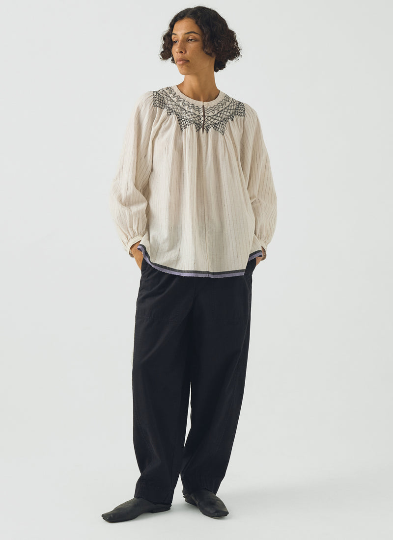 Smocked Neck Cotton Silk Mulmul Top | Ecru Multi