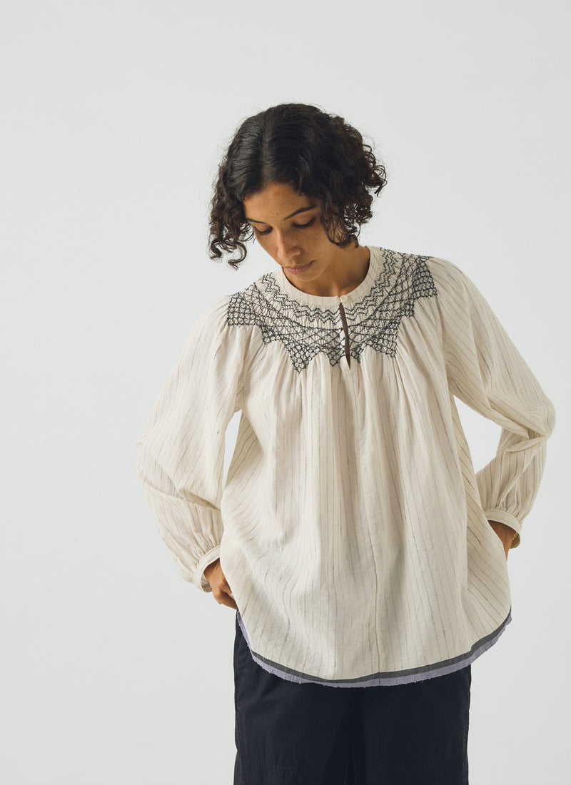 Smocked Neck Cotton Silk Mulmul Top | Ecru Multi
