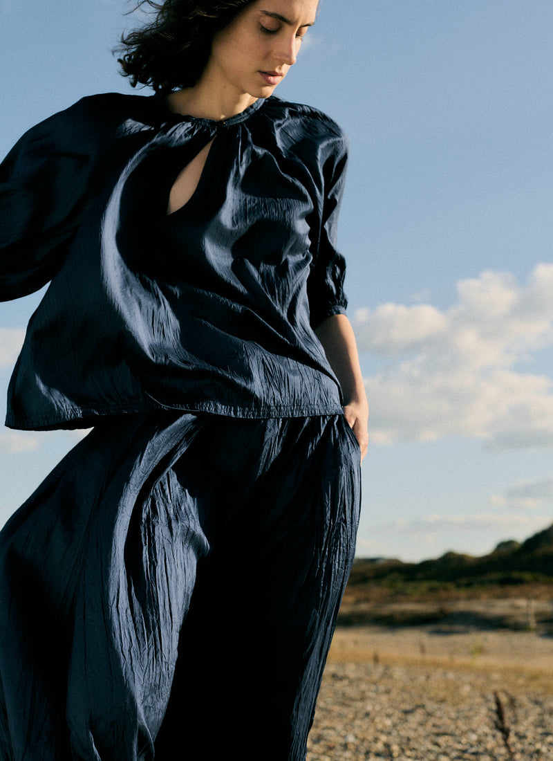 Gathered Neck Silk Taffeta Top | Indigo Blue