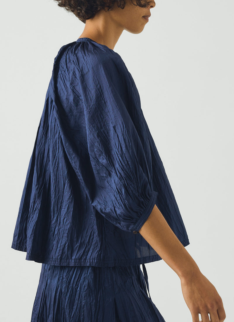 Gathered Neck Silk Taffeta Top | Indigo Blue