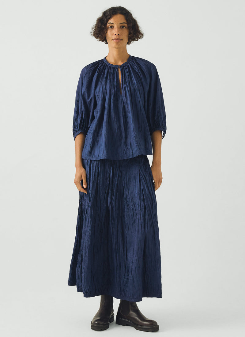 Gathered Neck Silk Taffeta Top | Indigo Blue