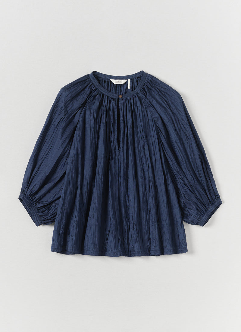 Gathered Neck Silk Taffeta Top | Indigo Blue