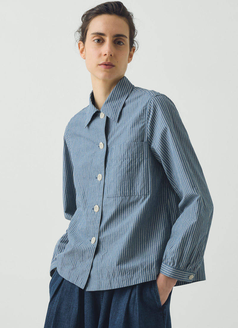 Baya Patch Pocket Stripe Cotton Shirt | Chambray Blue/Ecru