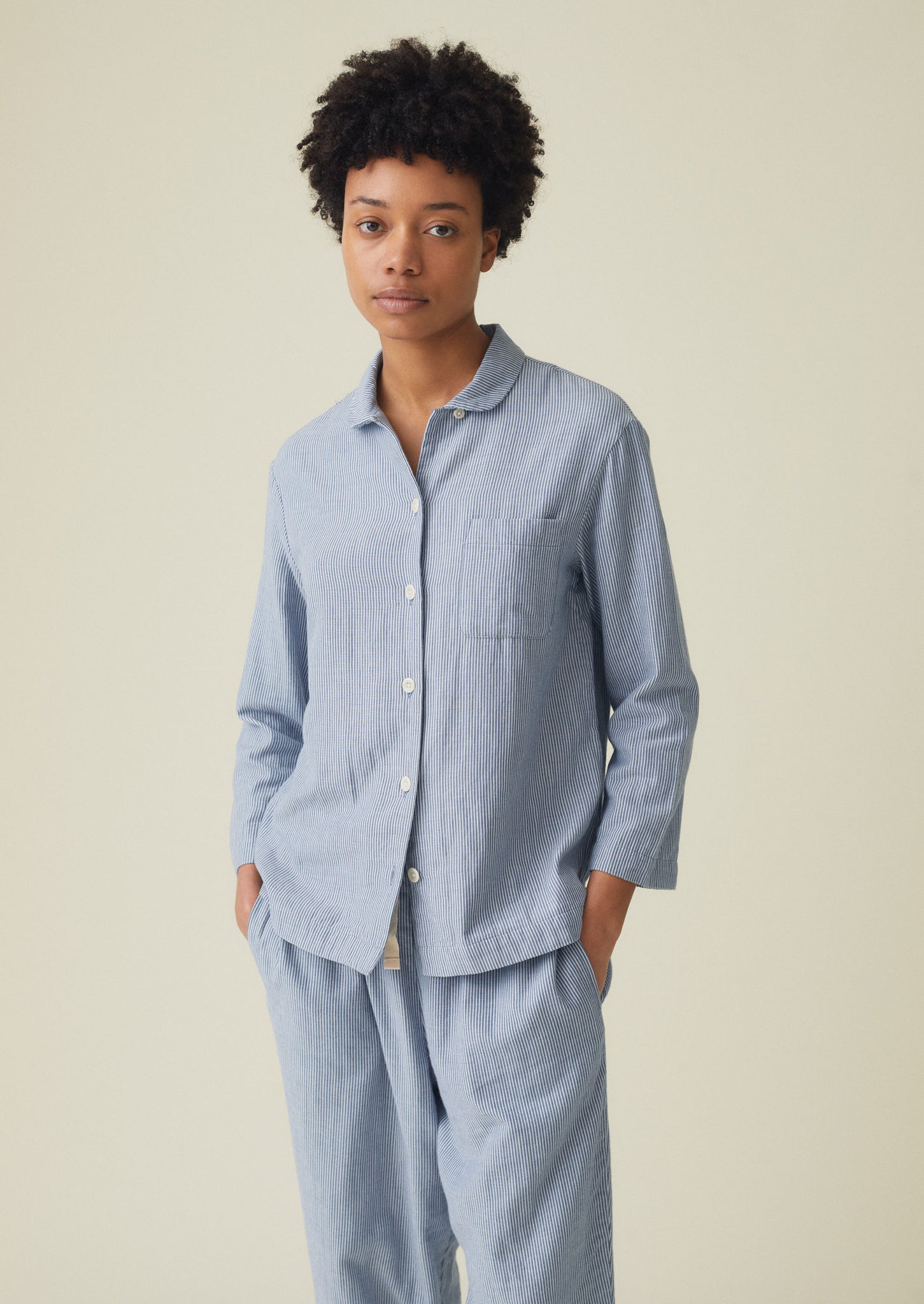 Stripe Double Cotton Pyjamas | Chambray/White | TOAST